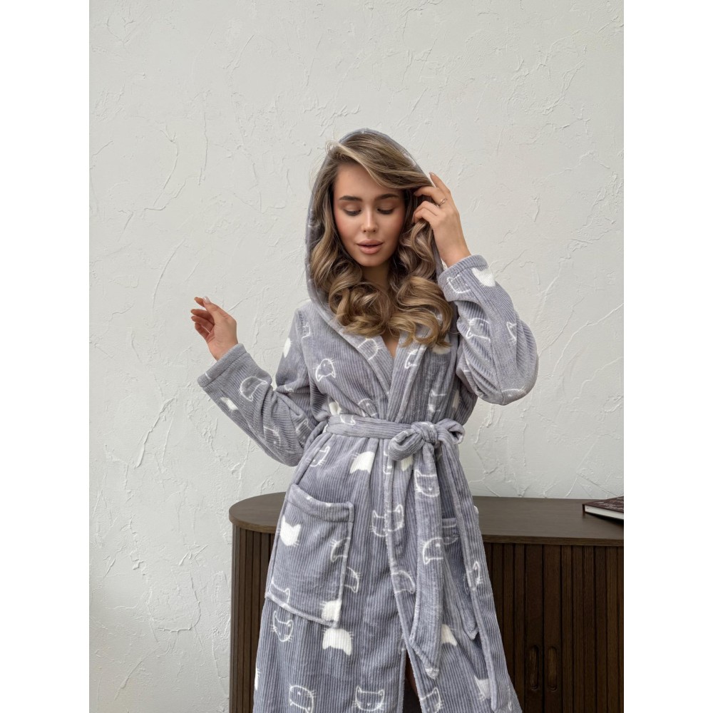 Фото  жіночий халат з капюшоном cosy теплий котики велсофт