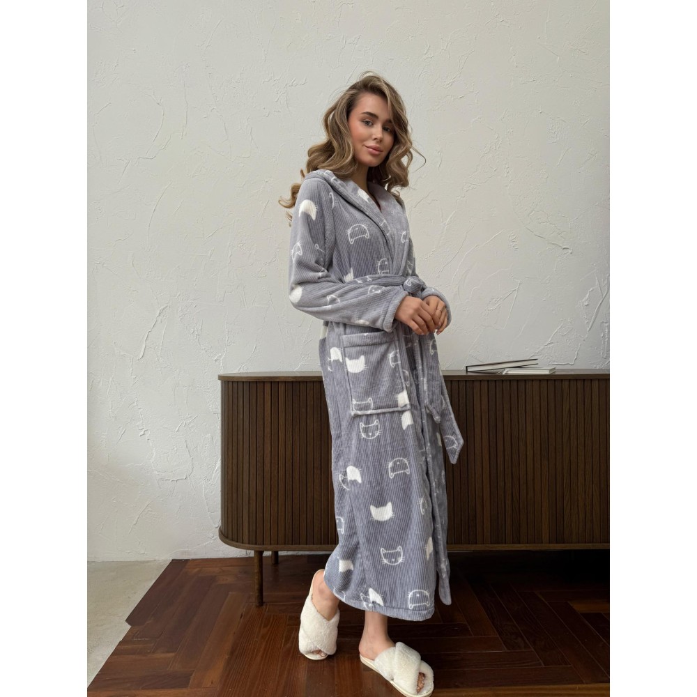 Фото  жіночий халат з капюшоном cosy теплий котики велсофт
