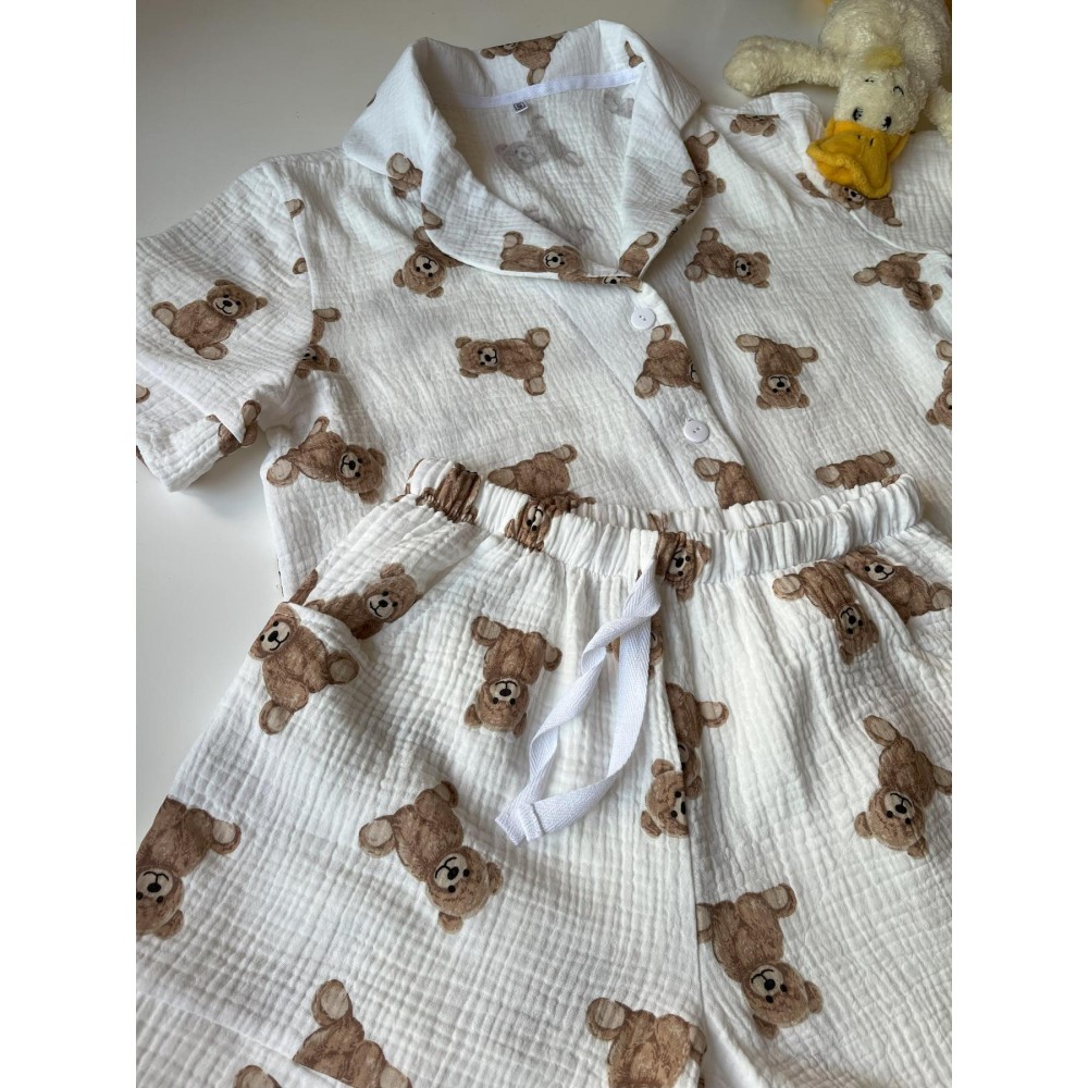 Фото  жіноча муслінова піжама з шортами, ведмедики teddy