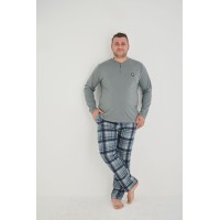 Чоловіча бавовняна піжама батал лонгслів та штани в клітину, сіро-синя клітинка