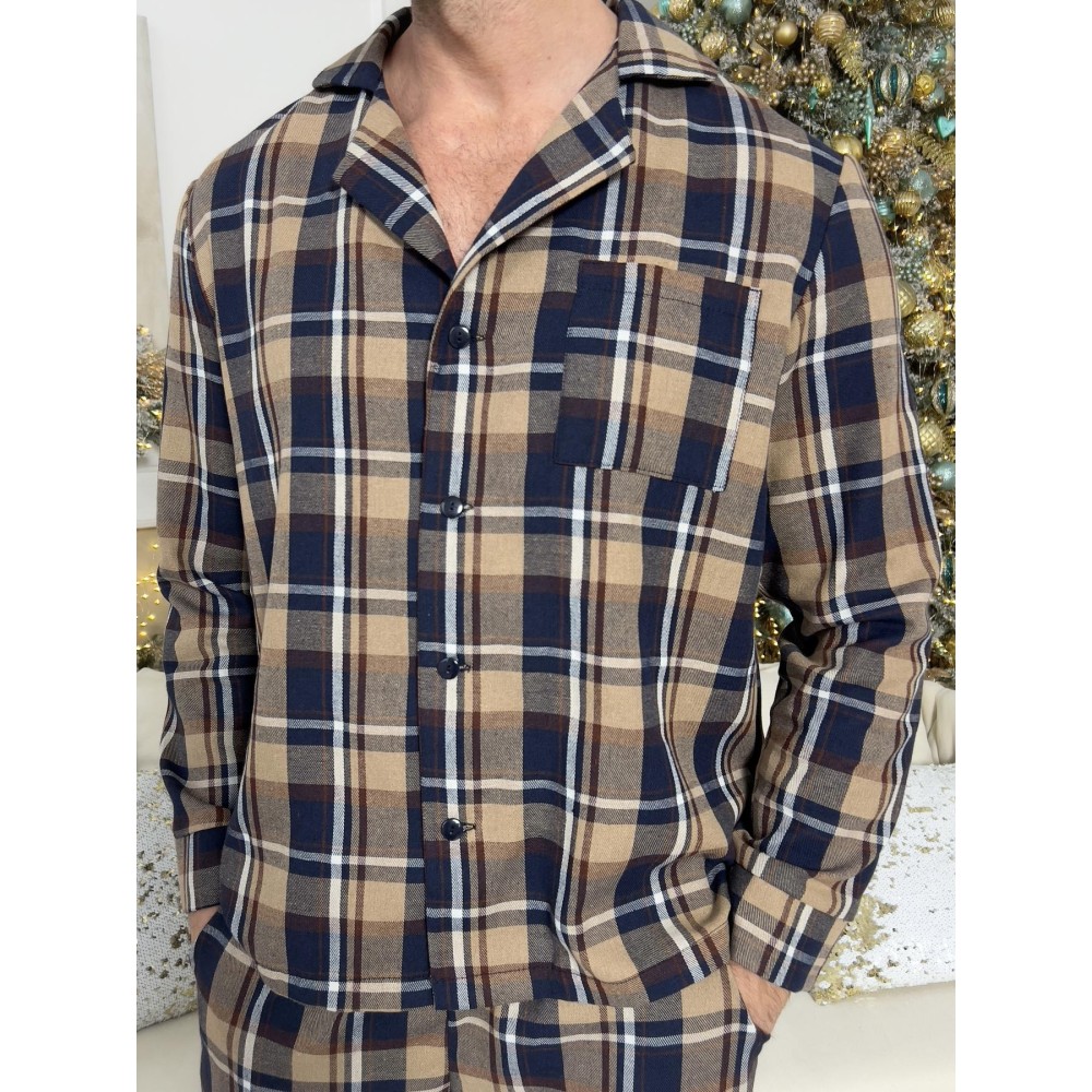 Зображення  піжамний комплект cosy з фланелі (штани+сорочка) клітина синьо-коричнева