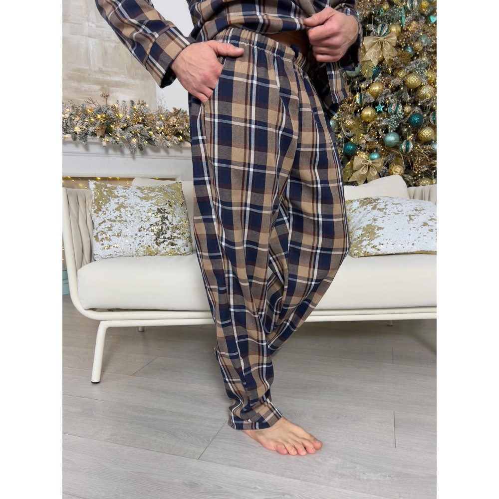 Зображення  піжамний комплект cosy з фланелі (штани+сорочка) клітина синьо-коричнева