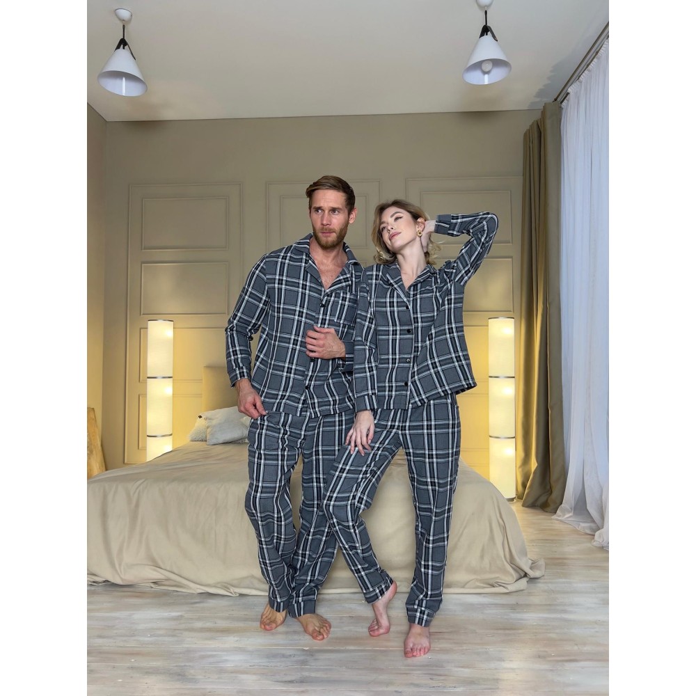 Зображення  піжама чоловіча cosy з фланелі (штани+сорочка) клітина сіро-чорна