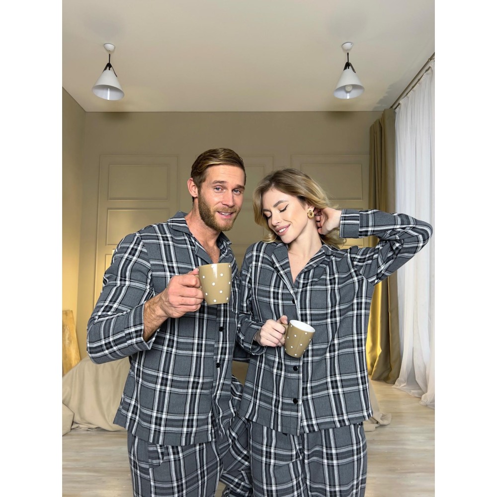 Зображення  піжама чоловіча cosy з фланелі (штани+сорочка) клітина сіро-чорна