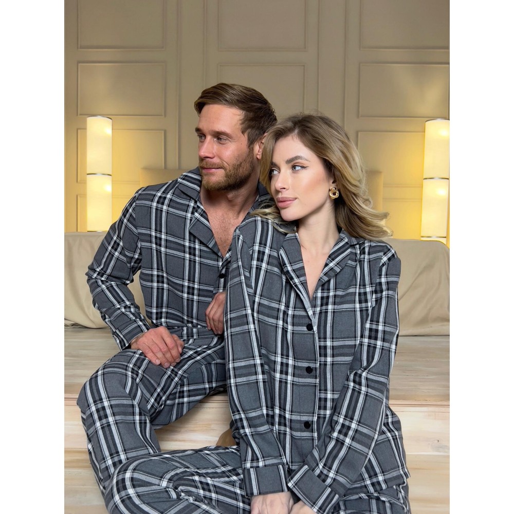 Зображення  піжама чоловіча cosy з фланелі (штани+сорочка) клітина сіро-чорна