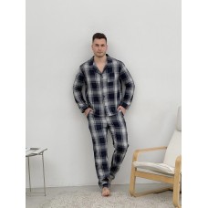 Піжама чоловіча COSY з фланелі (штани+сорочка) клітина темно синій/сірий