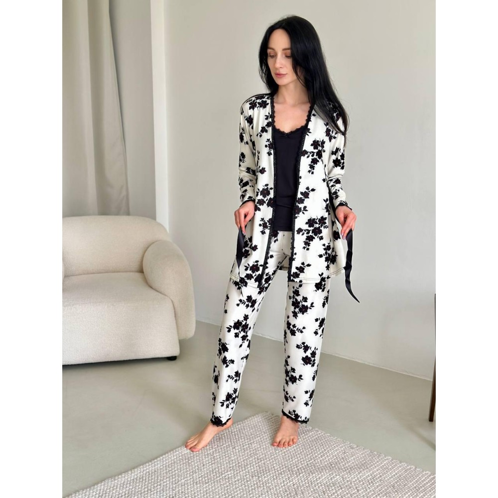 Фото  жіночий домашній комплект 3-ка із мікрофібри з квітковим принтом