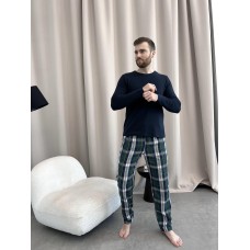 Домашня піжама для чоловіків COSY із фланелі (штани+лонгслів темно синій) в клітину синьо-зелені
