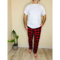 Домашня піжама для чоловіків COSY із фланелі (штани+футболка біла) червоно/чорні
