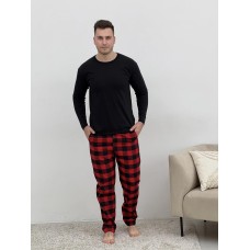 Домашня піжама для чоловіків COSY із фланелі (штани+лонгслів чорний) червоно/чорні