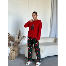 Жіноча тепла піжама з флісу червоно-зелена, Зимова рукавичка