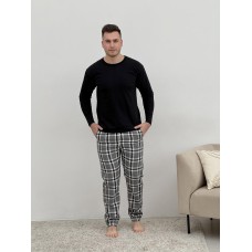 Домашня піжама для чоловіків COSY із фланелі (штани+лонгслів чорний) в клітину сірі