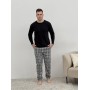 Фото  домашня піжама для чоловіків cosy із фланелі (штани+лонгслів чорний) в клітину сірі