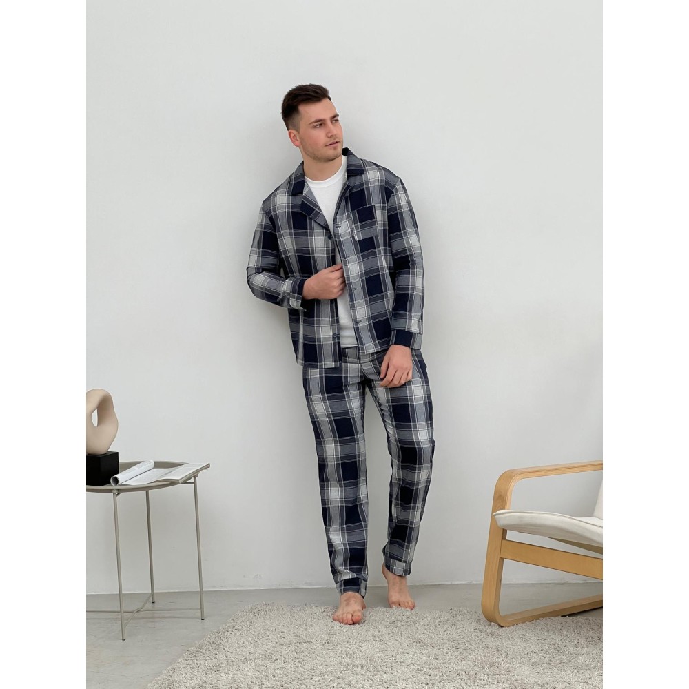 Фото  піжама чоловіча cosy з фланелі (штани+сорочка+футболка) клітина темно-синій/сірий