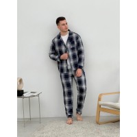 Піжама чоловіча COSY з фланелі (штани+сорочка+футболка) клітина темно-синій/сірий