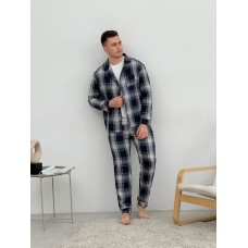 Піжама чоловіча COSY з фланелі (штани+сорочка+футболка) клітина темно-синій/сірий