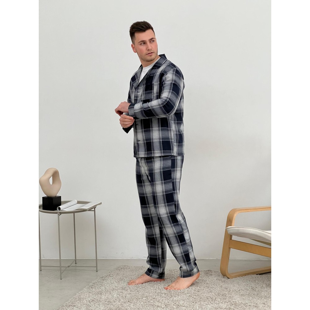 Фото  піжама чоловіча cosy з фланелі (штани+сорочка+футболка) клітина темно-синій/сірий