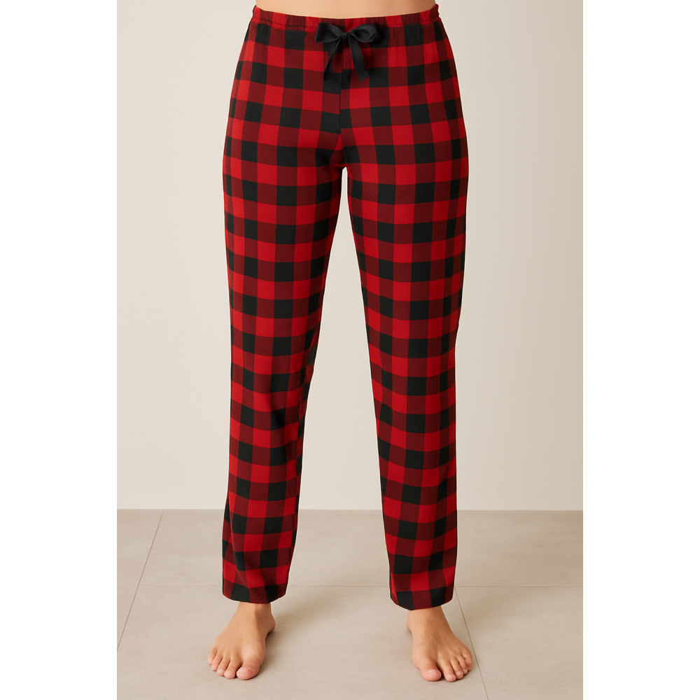 Зображення  штани жіночі теплі з мікробайки в клітину батал червоно-чорні