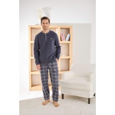 Чоловіча тепла піжама з флісу полар лонгслів та штани в клітину темно-сірі Чоловіча тепла піжама з флісу полар лонгслів та штани в клітину темно-сірі