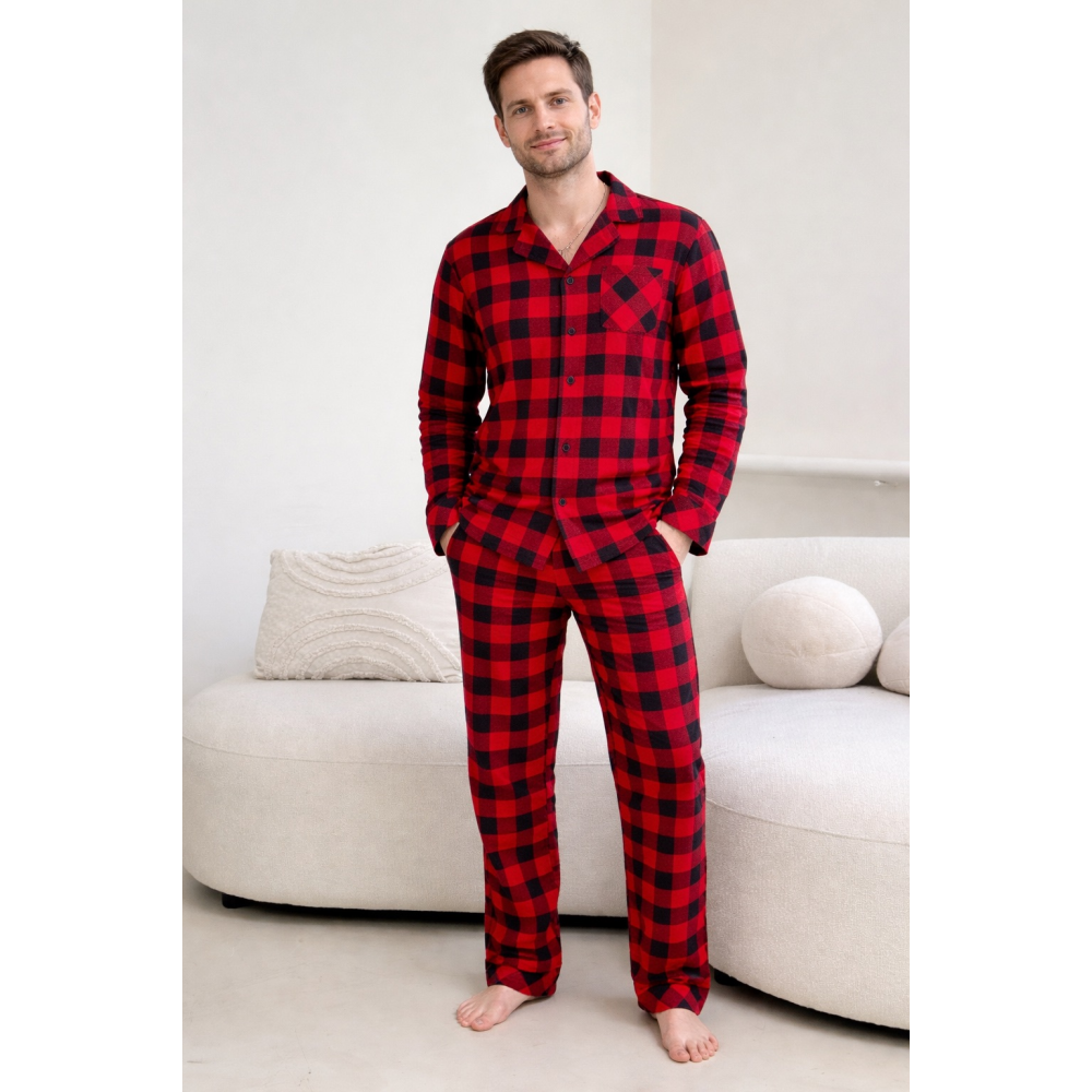 Зображення  піжама чоловіча coy з фланелі (штани+сорочка) «holly jolly», клітина червоно/чорна