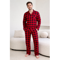 Піжама чоловіча COY з фланелі (штани+сорочка) «Holly Jolly», клітина червоно/чорна