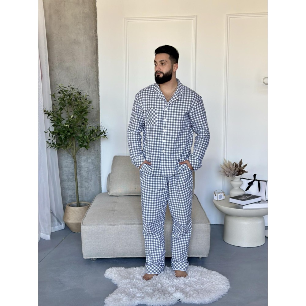 Зображення  піжама чоловіча coy з фланелі (штани+сорочка) «coy harmony», клітина сіро-біла