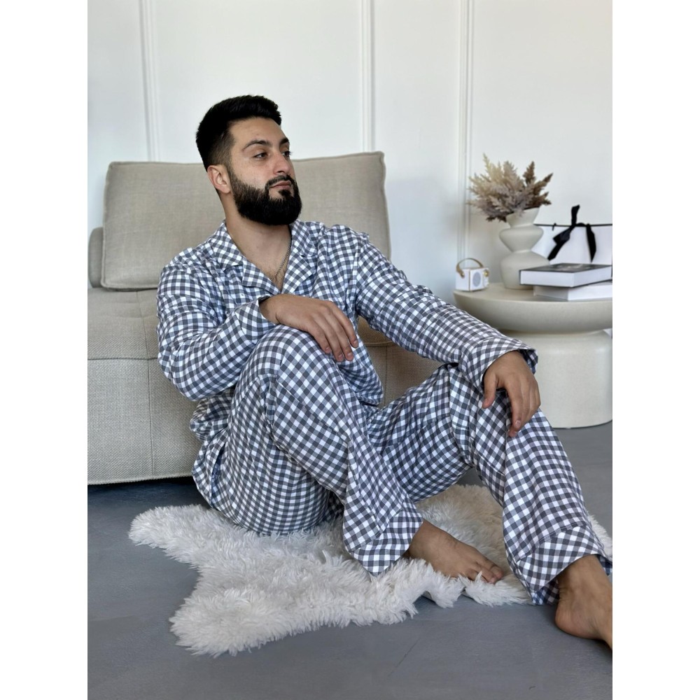 Зображення  піжама чоловіча coy з фланелі (штани+сорочка) «coy harmony», клітина сіро-біла
