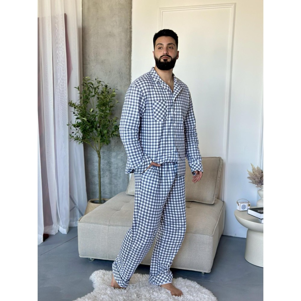 Зображення  піжама чоловіча coy з фланелі (штани+сорочка) «coy harmony», клітина сіро-біла