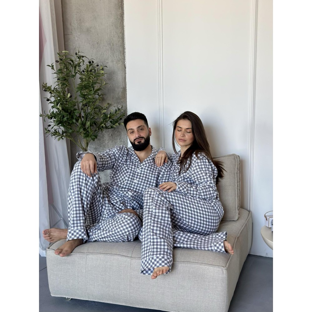 Зображення  піжама чоловіча coy з фланелі (штани+сорочка) «coy harmony», клітина сіро-біла