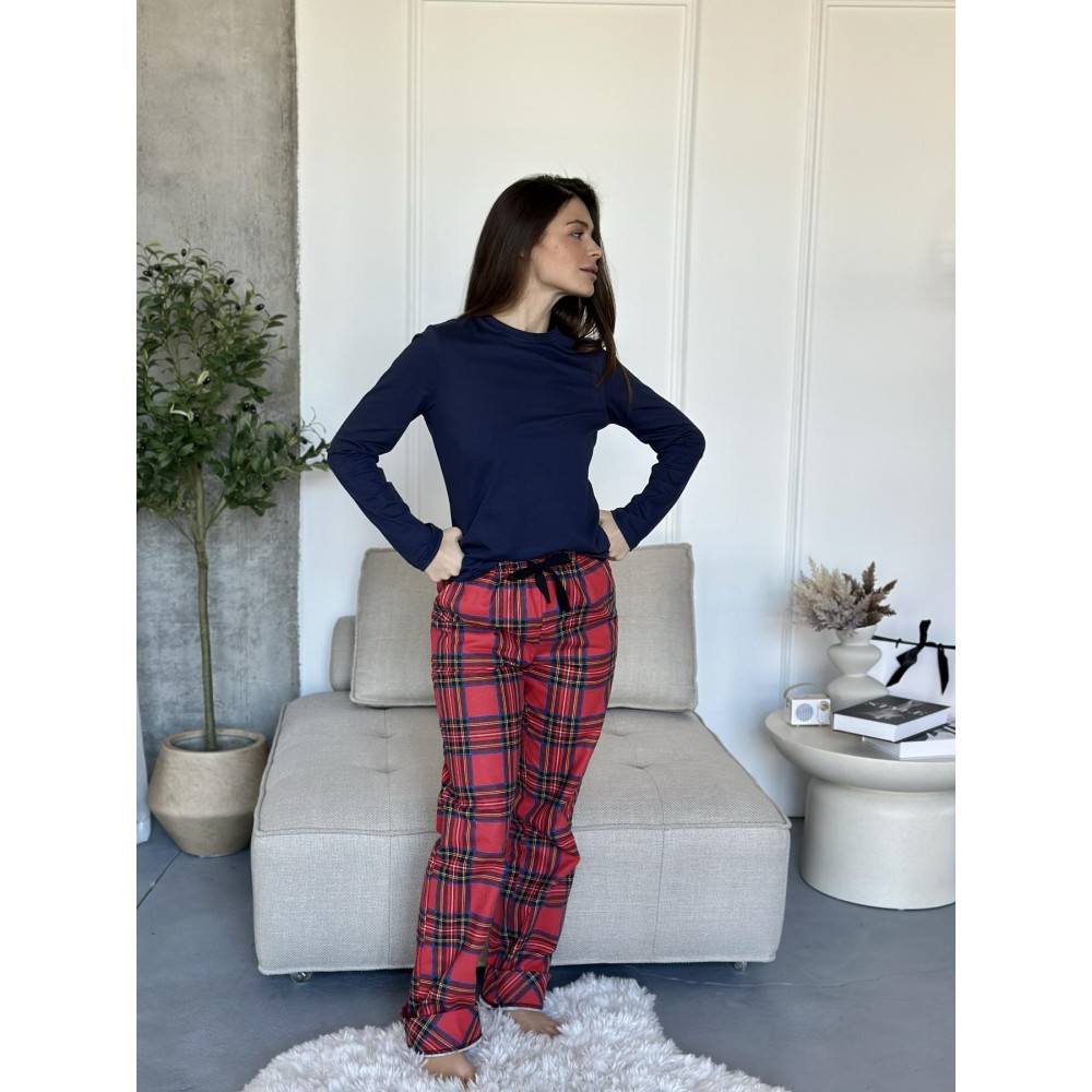 Фото  жіночий комплект coy navera: штани + лонгслів, клітина червоно-синя