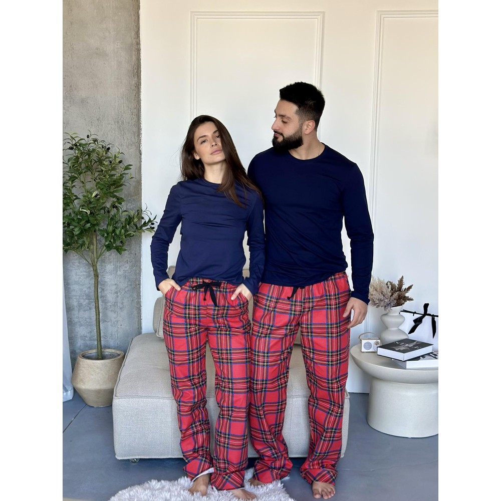 Фото  жіночий комплект coy navera: штани + лонгслів, клітина червоно-синя