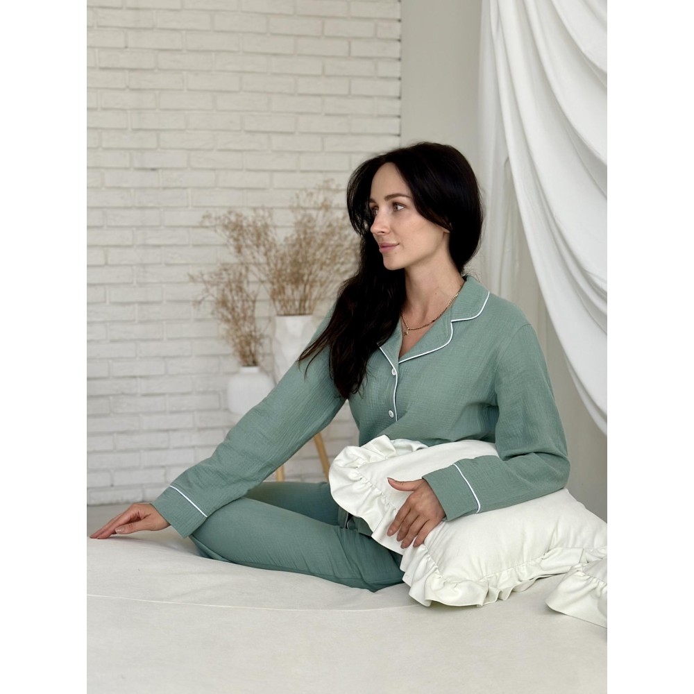 Фото  жіноча муслінова піжама штани+сорочка довгий рукав viva,