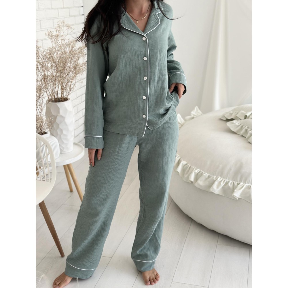 Фото  жіноча муслінова піжама штани+сорочка довгий рукав viva,