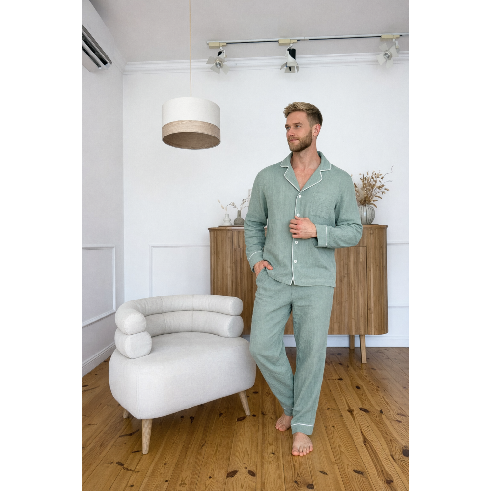 Зображення  чоловіча муслінова піжама штани+сорочка довгий рукав viva,