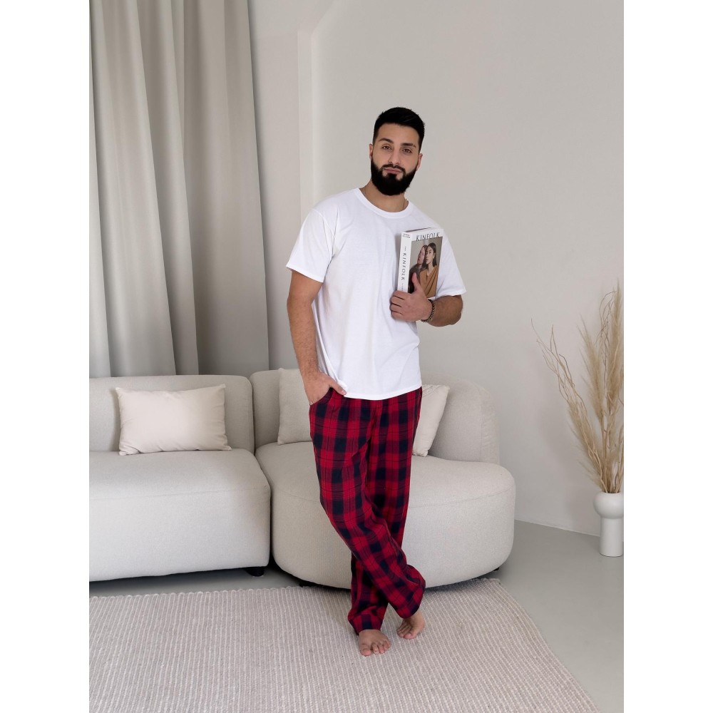 Фото  домашній комплект для чоловіків глен (штани+футболка біла)