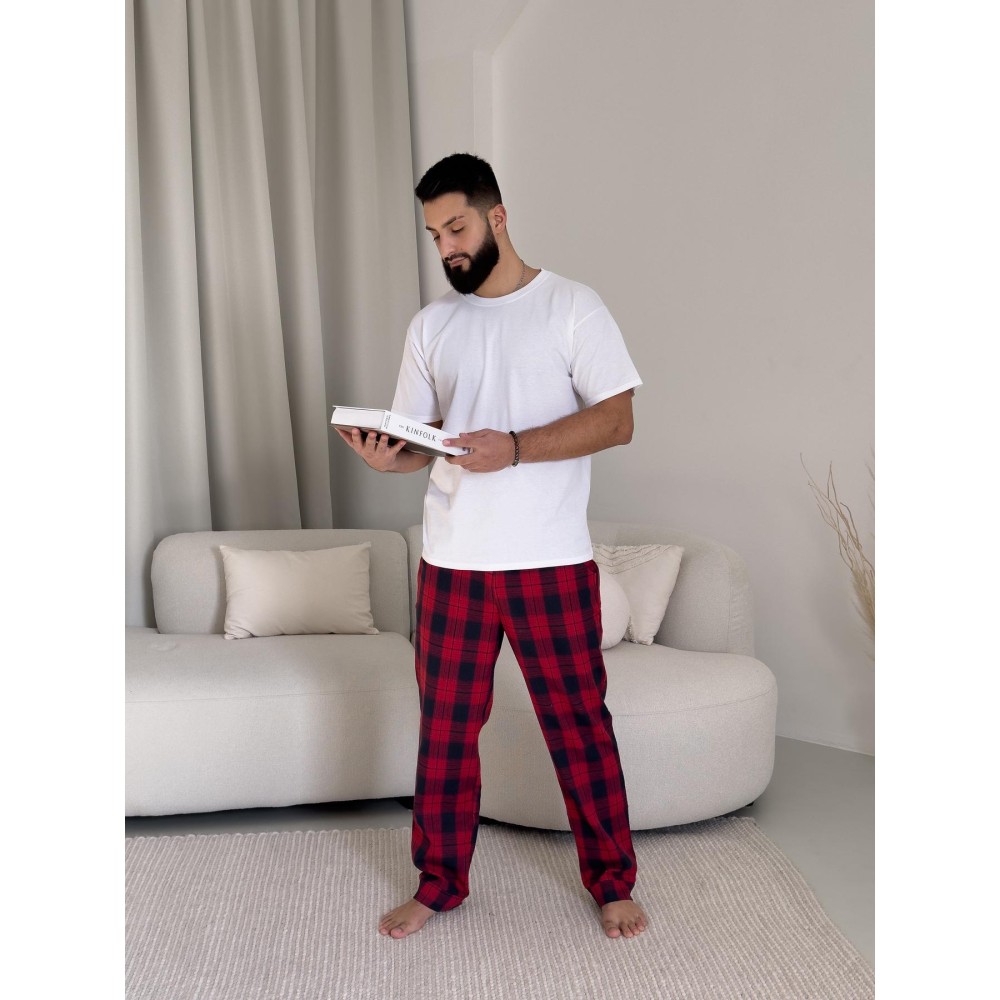 Фото  домашній комплект для чоловіків глен (штани+футболка біла)