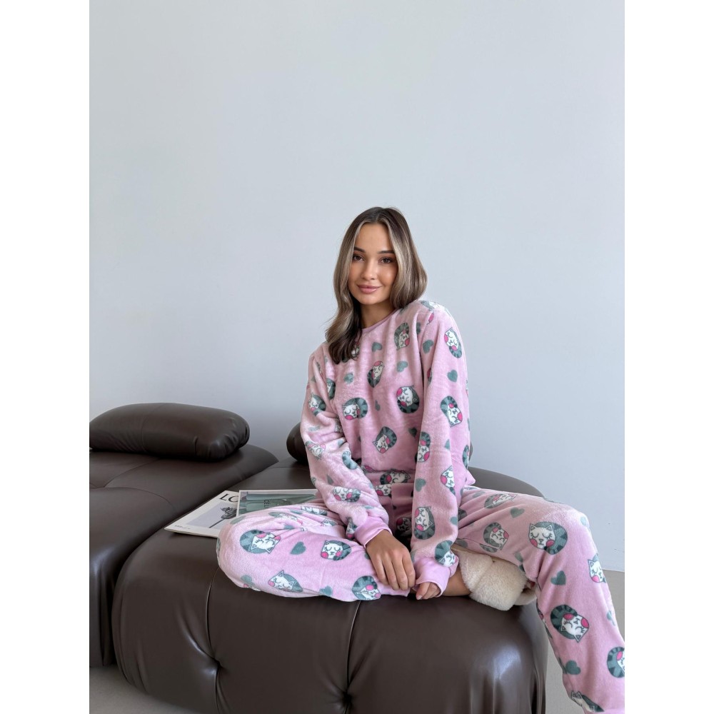 Зображення  домашняя теплая женская пижама мяу-лав из велсофта