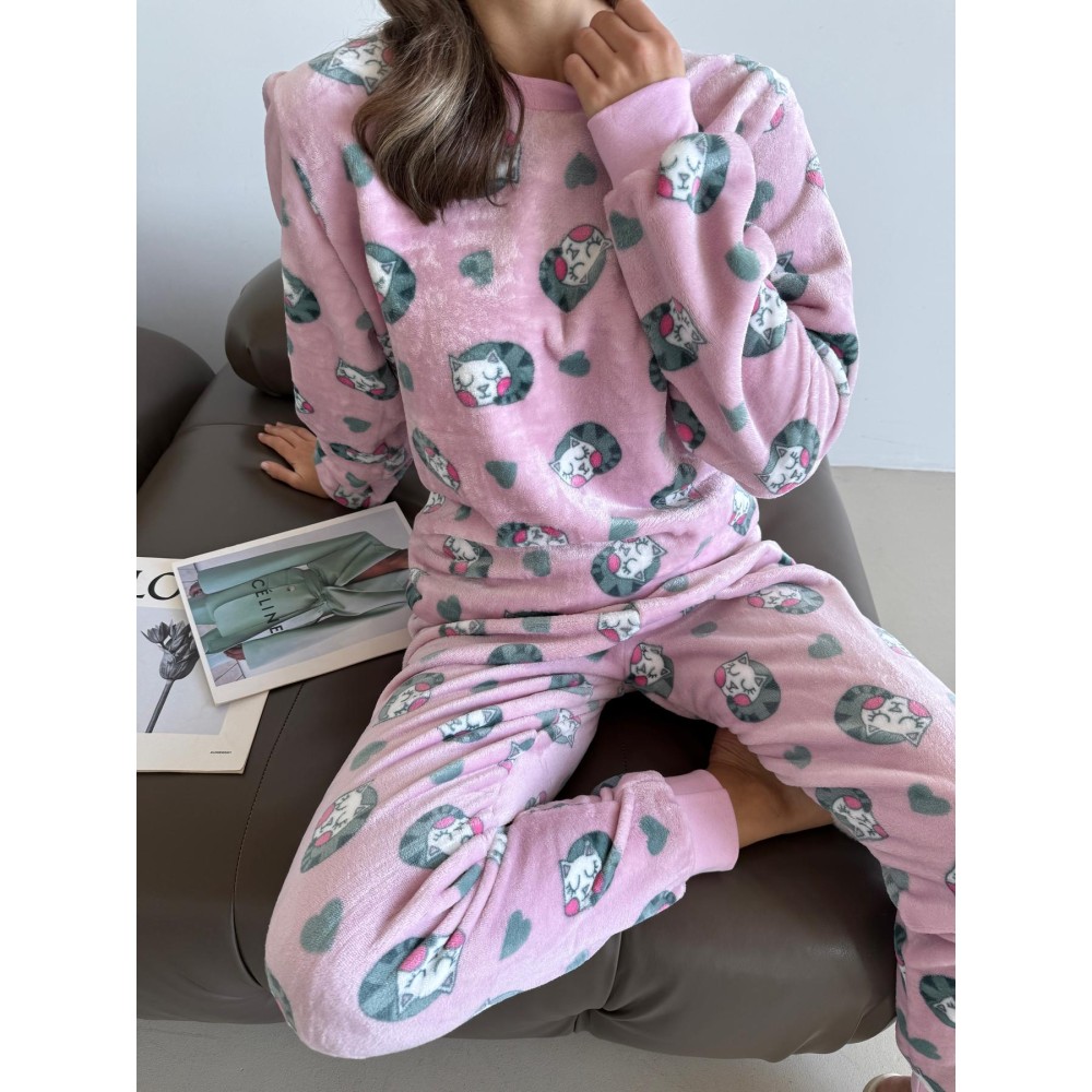 Зображення  домашняя теплая женская пижама мяу-лав из велсофта