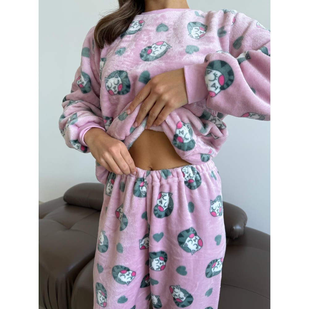 Зображення  домашняя теплая женская пижама мяу-лав из велсофта