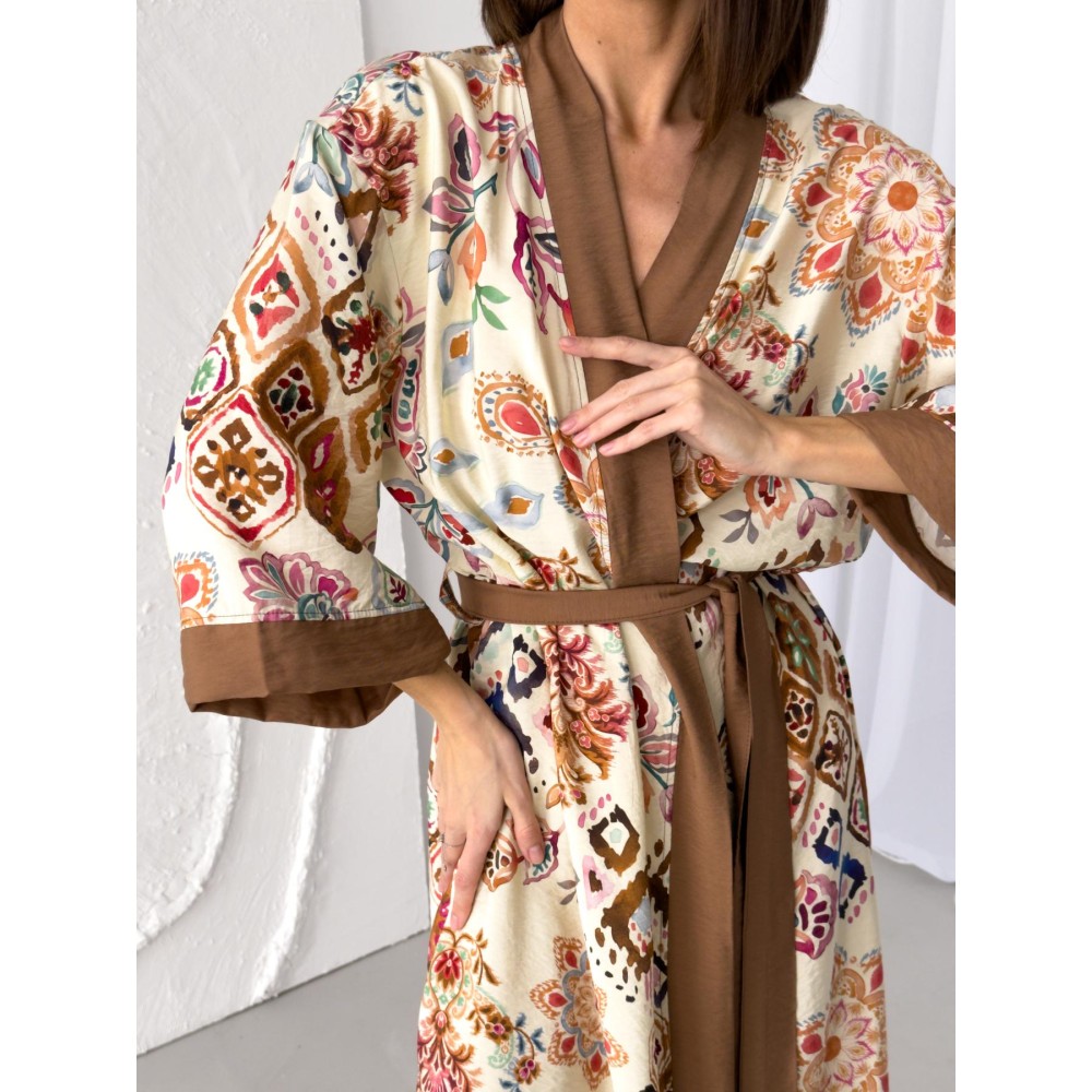 Фото  жіночий халат кімоно довгий boho chic карамель