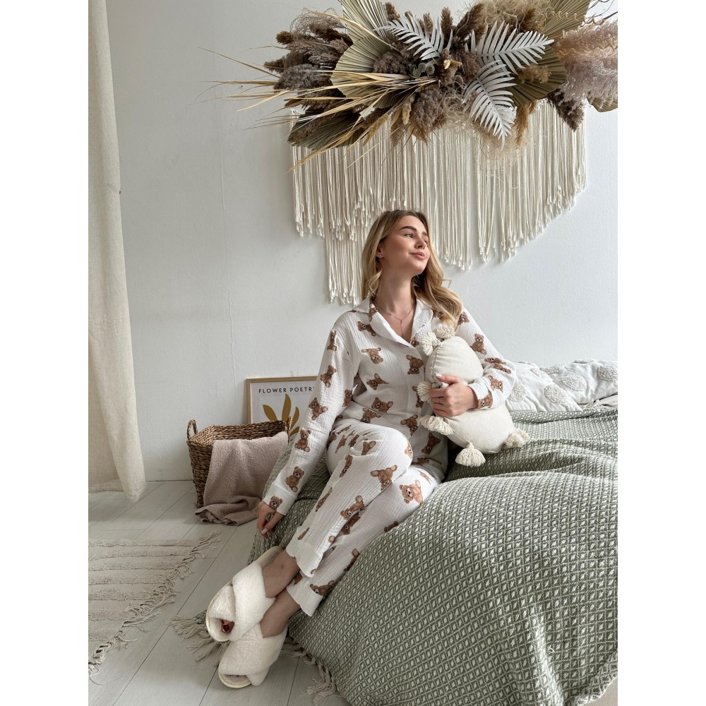 Фото  жіноча піжама муслінова штани+сорочка ведмедики teddy