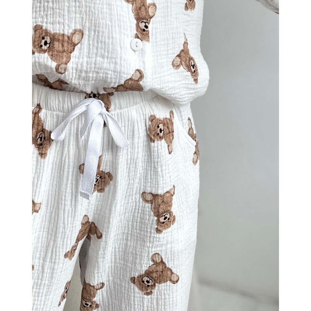 Фото  жіноча піжама муслінова штани+сорочка ведмедики teddy