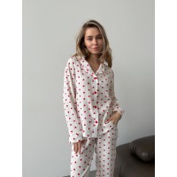 Жіноча піжама з мусліну червоні сердечки(сорочка+штани)