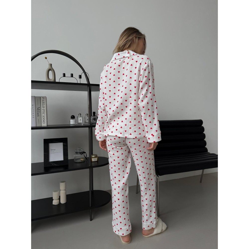 Фото  жіноча піжама з мусліну червоні сердечки(сорочка+штани)