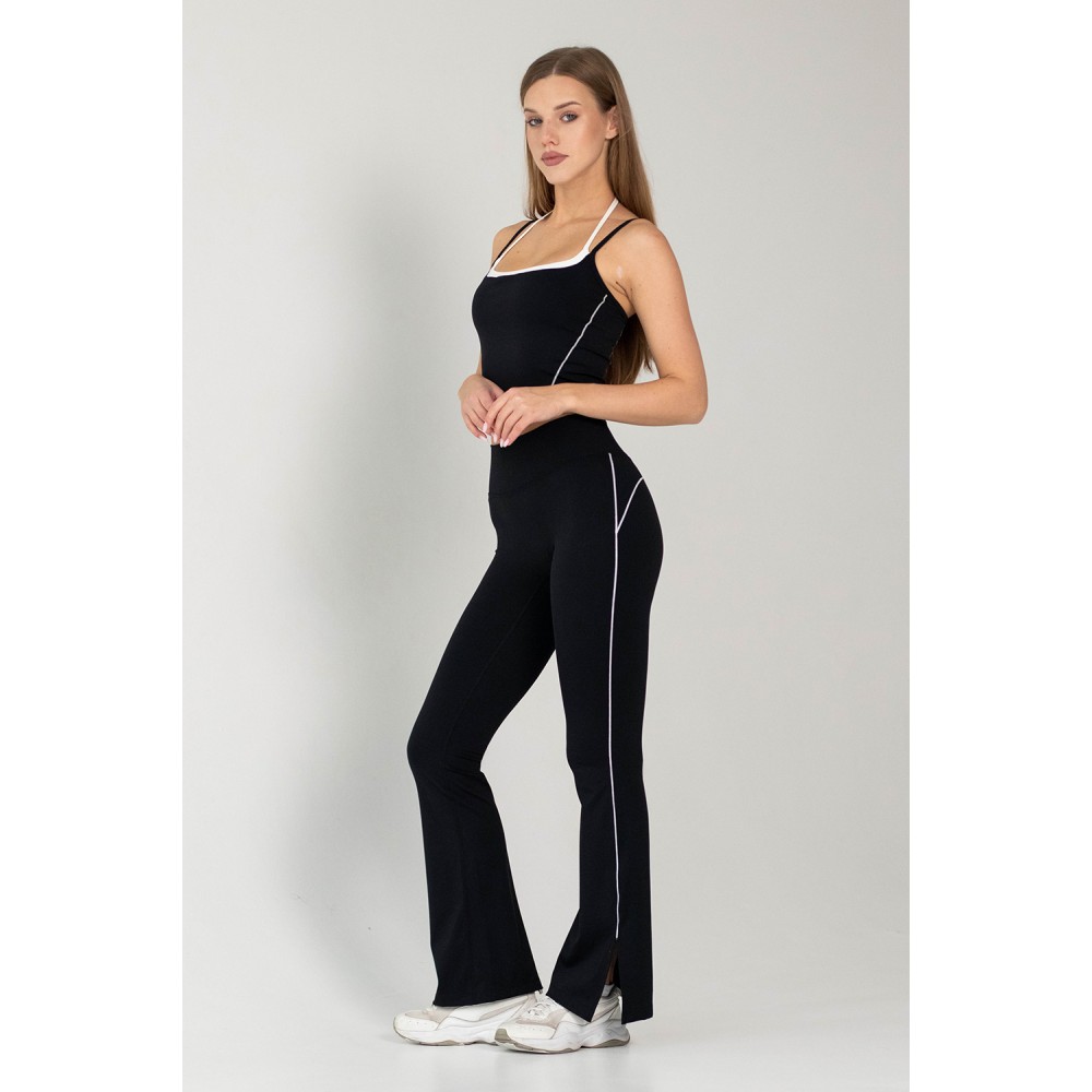 Зображення  легінси жіночі штани спортивні flexit retro stripe кльош, з білими лампасами та розрізами, висока талія black s