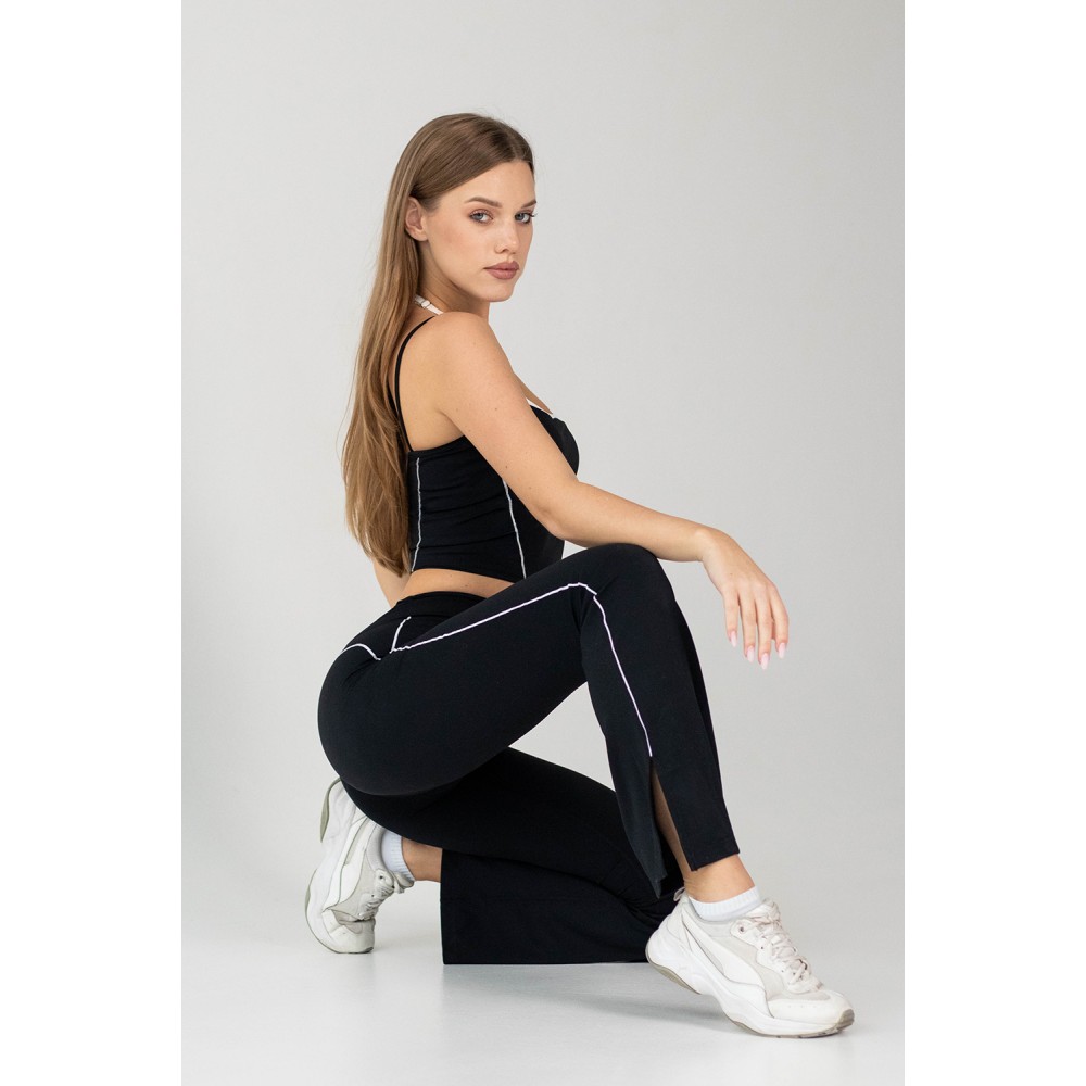 Зображення  легінси жіночі штани спортивні flexit retro stripe кльош, з білими лампасами та розрізами, висока талія black s